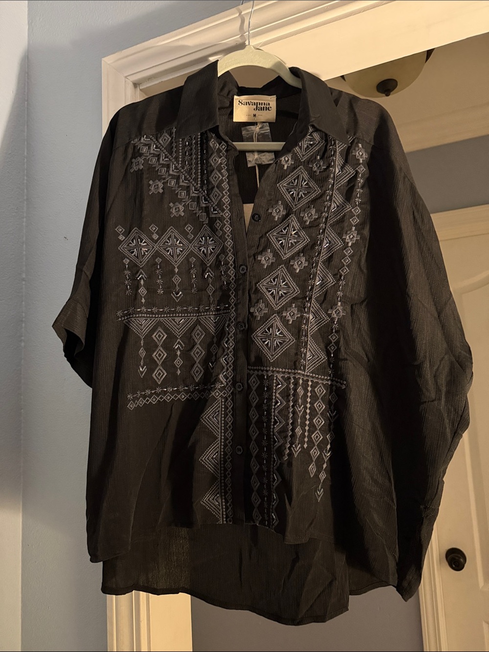 Savanna Jane Black Button-Front Blouse with White Geometric Embroidery
